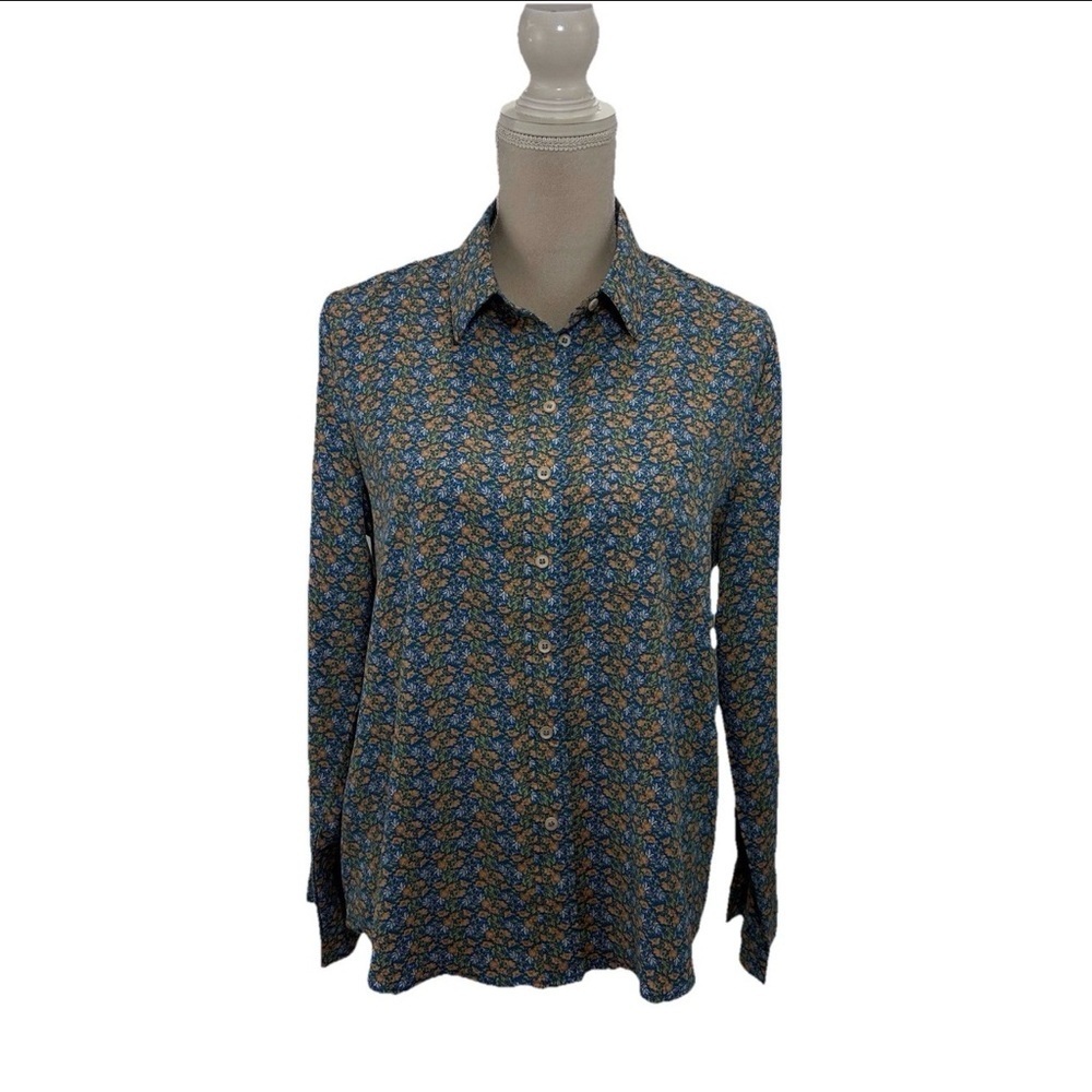 Classic Button-Down Floral Print Blouse - Blue/Yellow